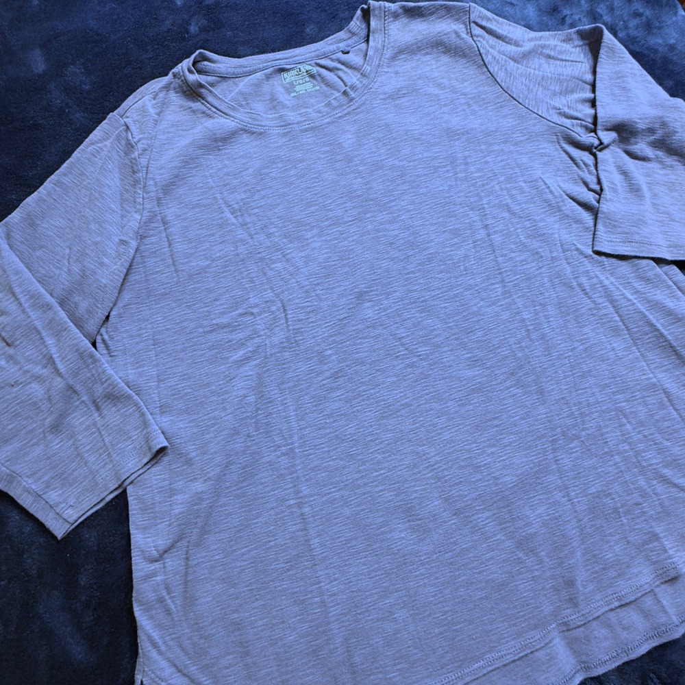 Women Large T-Shirt Washed Blue 3/4 Sleeve Cotton TOP HI-LOW BASIC LAYER LOUNGE